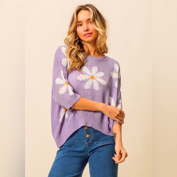 BiBi Sweaters - BiBi Floral Pattern Slit Sweater - Lavender/Ivory